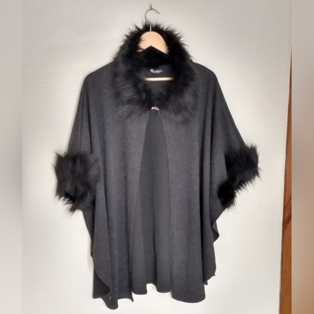 Sussan Charcoal Poncho with Black Faux Fur Trim